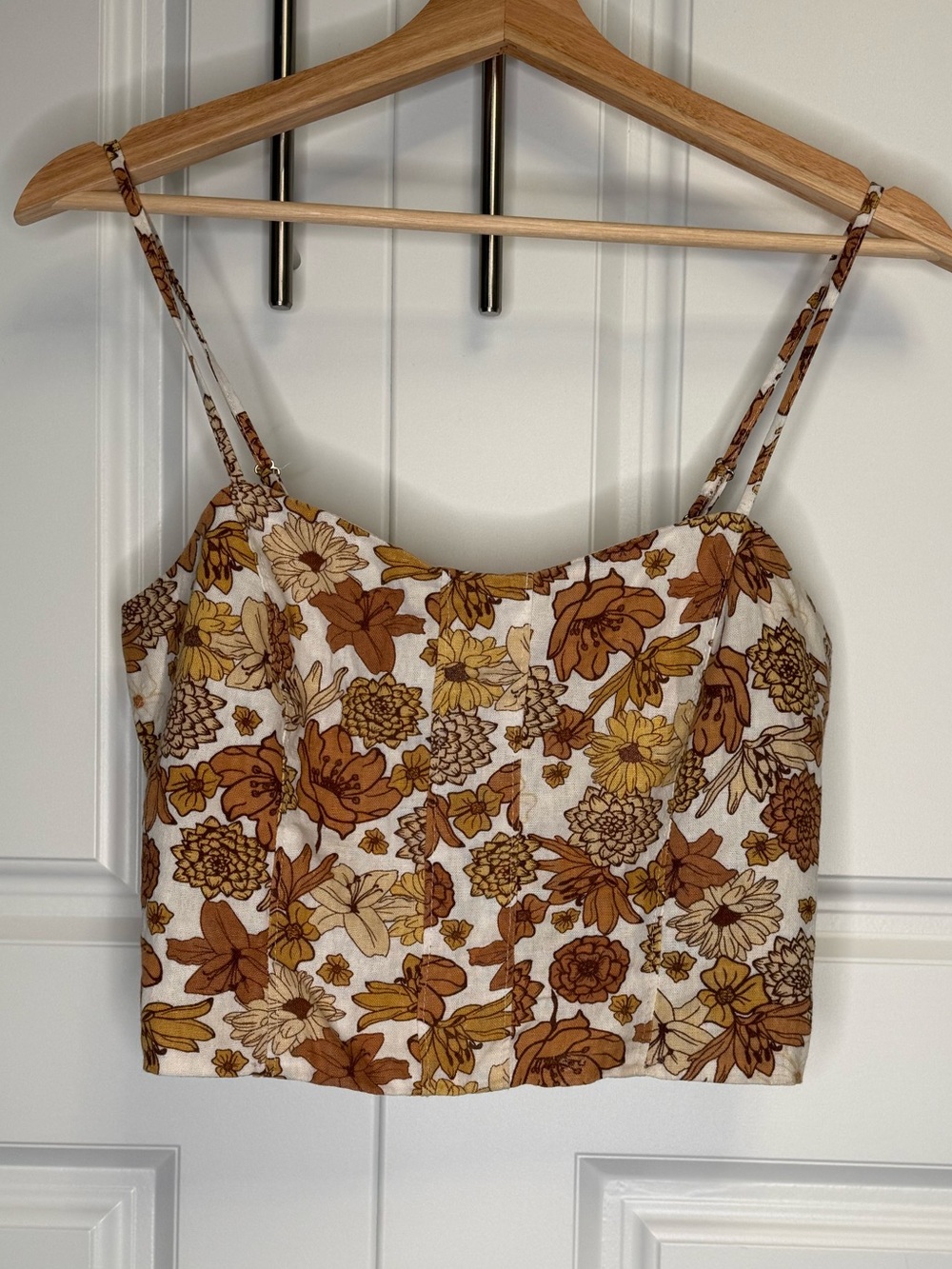 C&C California Floral Crop Top Size 4 Brown Retro Boho Linen Blend Cami Tank